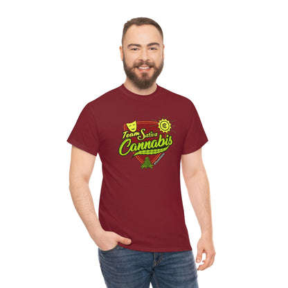 a man wearing a maroon Team Cannabis Sativa Shirt that says i love cbd.