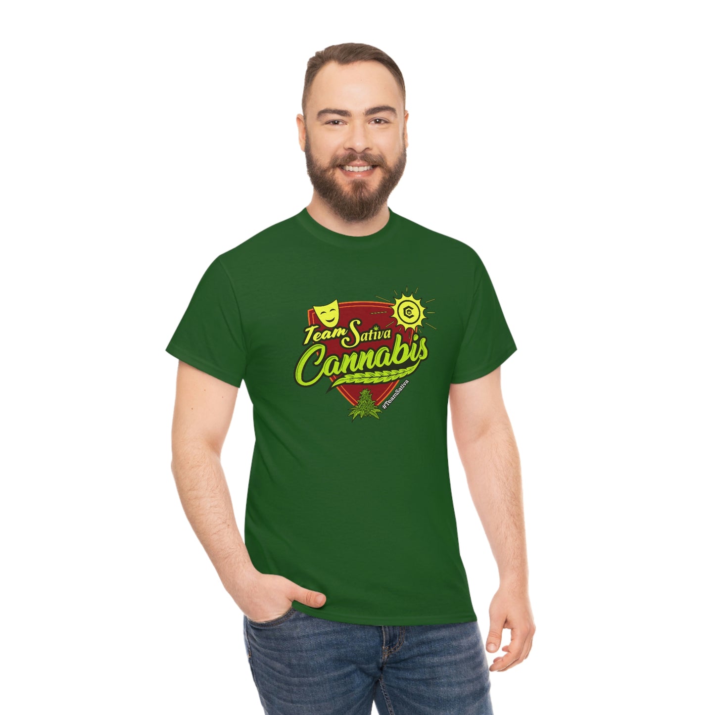 a man wearing a green Team Cannabis Sativa Shirt that says, i love cbd.