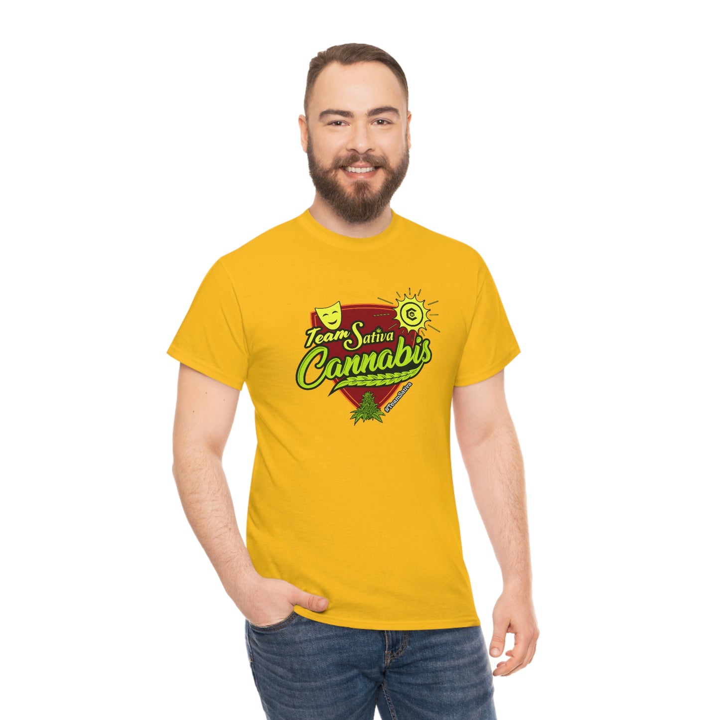 a man wearing a yellow Team Cannabis Sativa Shirt.