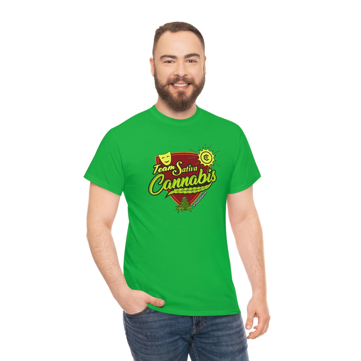 A man is wearing a green Team Cannabis Sativa Shirt that says, "I love cannabis.