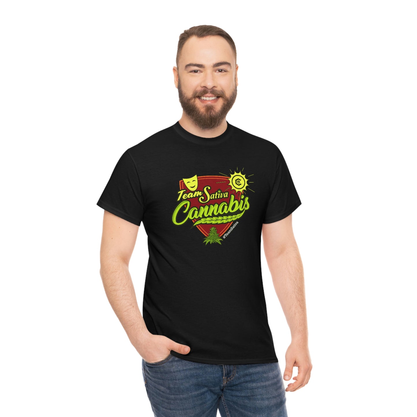 a man wearing a black Team Cannabis Sativa Shirt that says i love cbd.