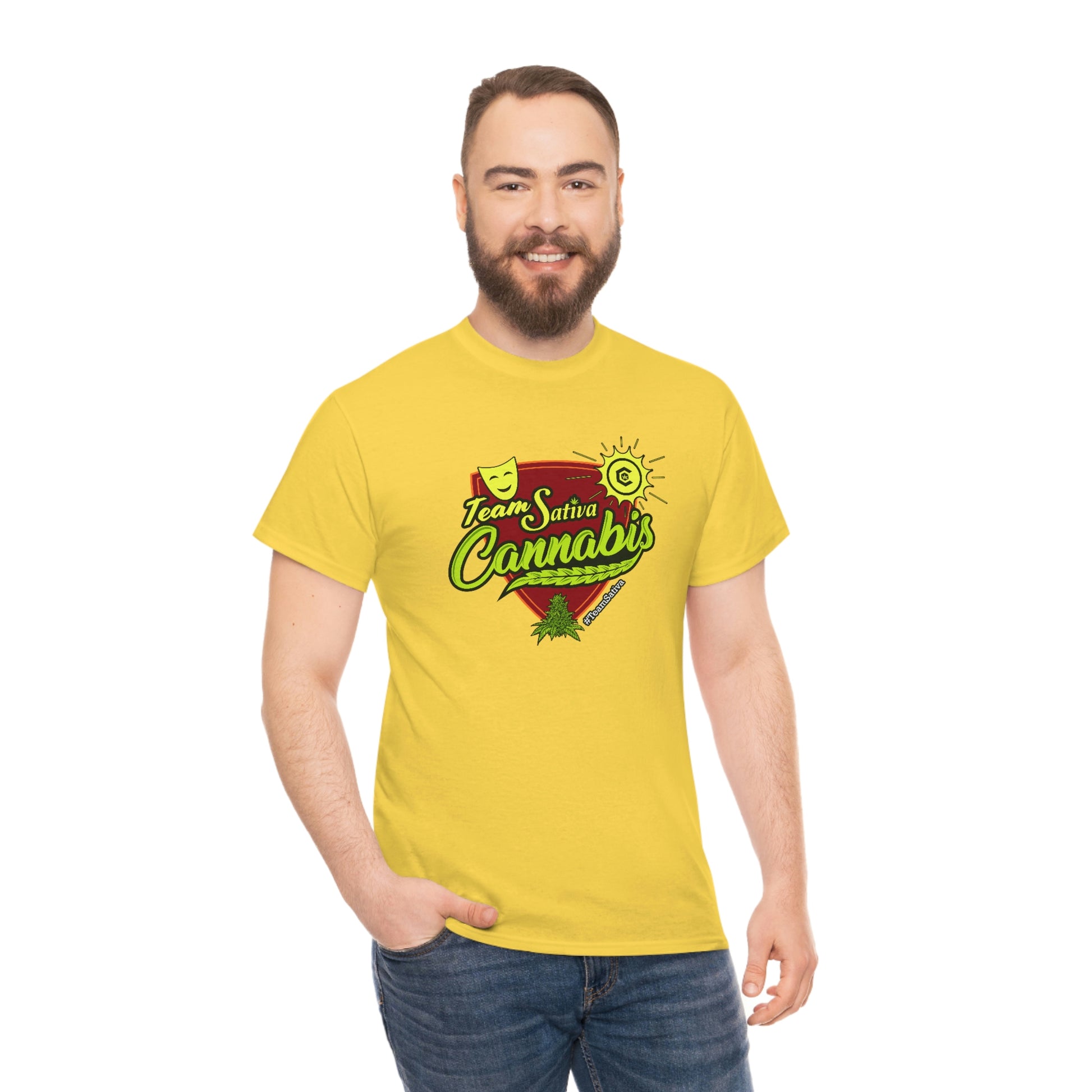 A man wearing a yellow Team Cannabis Sativa Shirt with the words, "I love CBD.