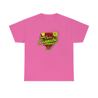 a pink Team Cannabis Sativa Shirt with the word cannabis on it.