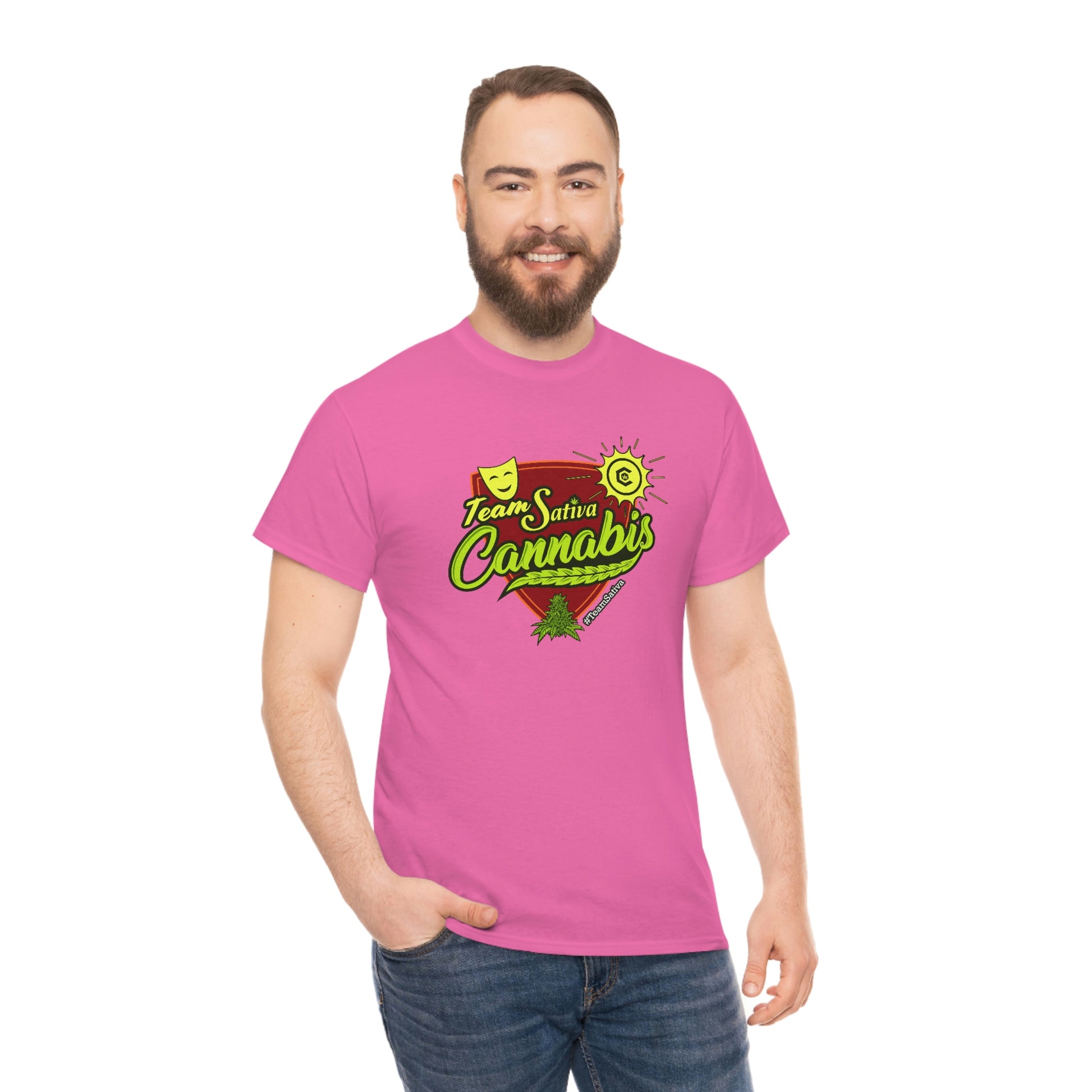 a man wearing a pink Team Cannabis Sativa Shirt with the words, i'm a cactus.