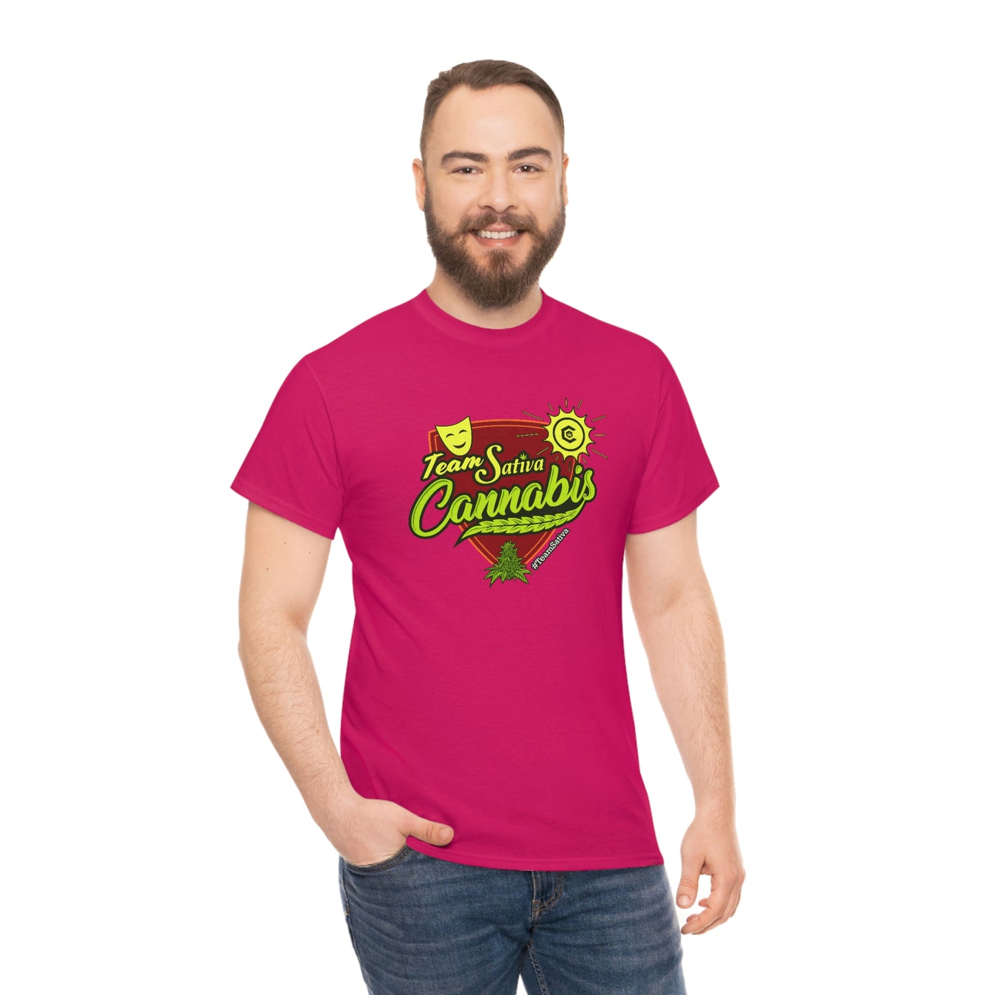 A man wearing a pink Team Cannabis Sativa Shirt with the words cbd.