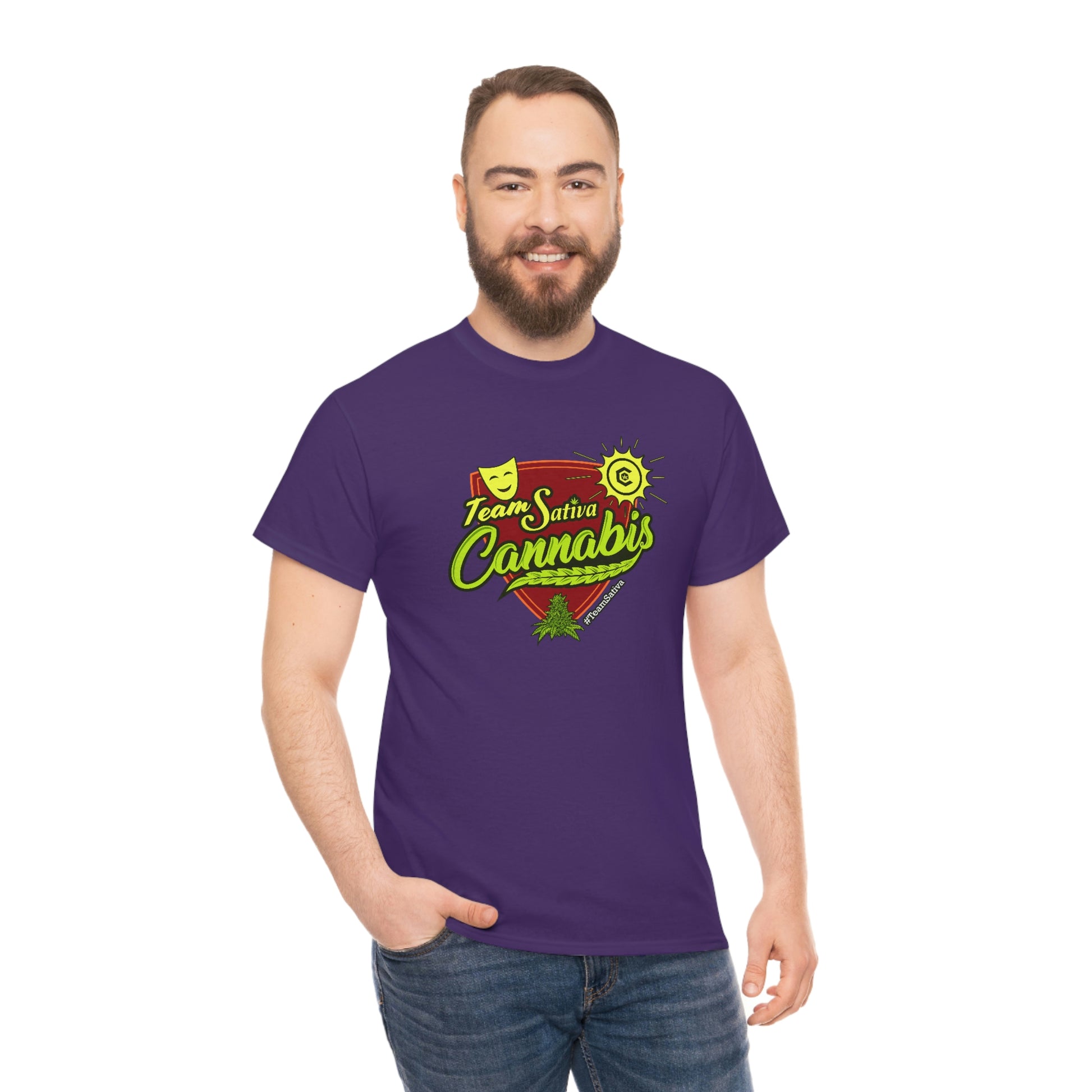 a man wearing a purple Team Cannabis Sativa Shirt with the words, i love cbd.