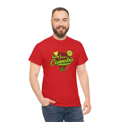 a man wearing a Team Cannabis Sativa Shirt with the words, i love cbd.