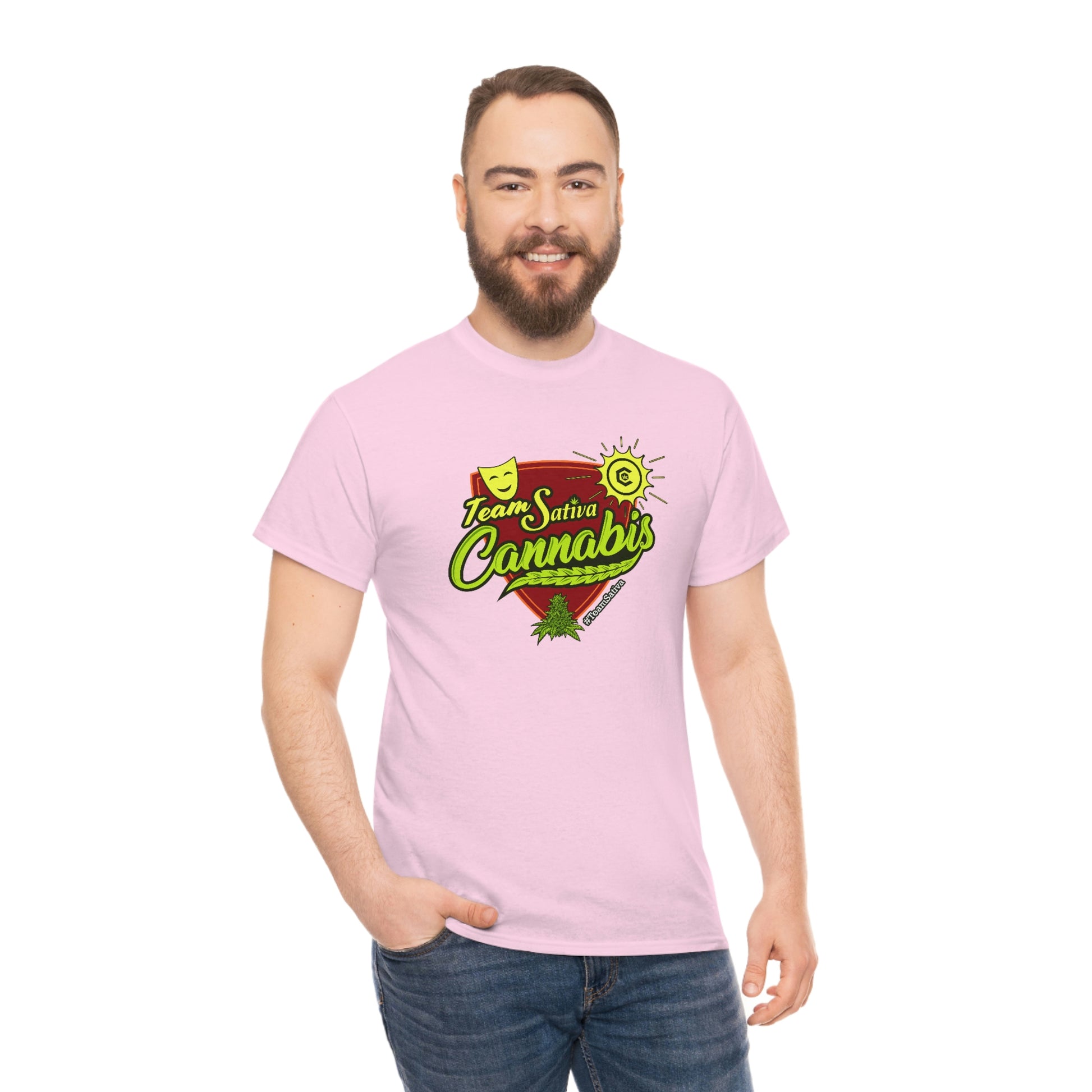 a man wearing a pink Team Cannabis Sativa Shirt with the word california on it.