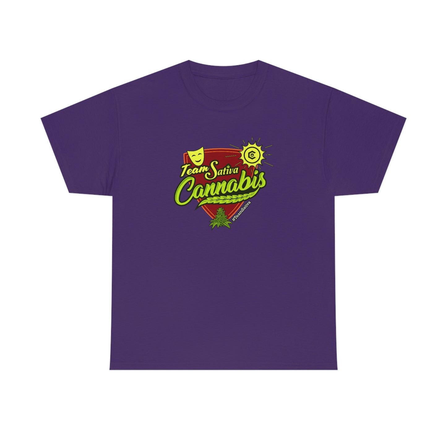 a purple Team Cannabis Sativa Shirt.