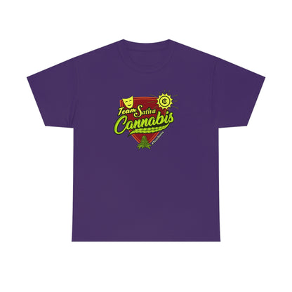 a purple Team Cannabis Sativa Shirt.