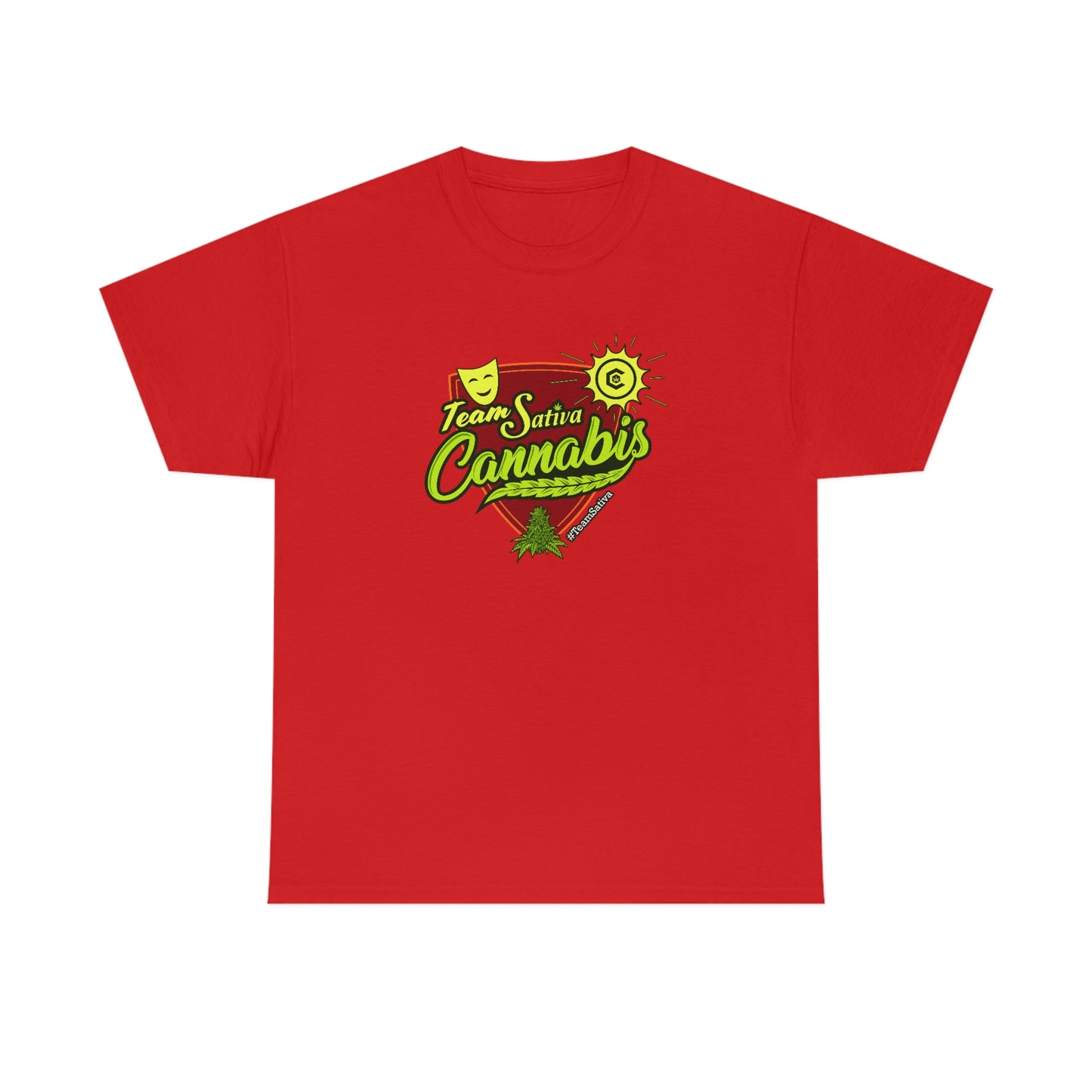 a red Team Cannabis Sativa Shirt with the word cannabis on it.