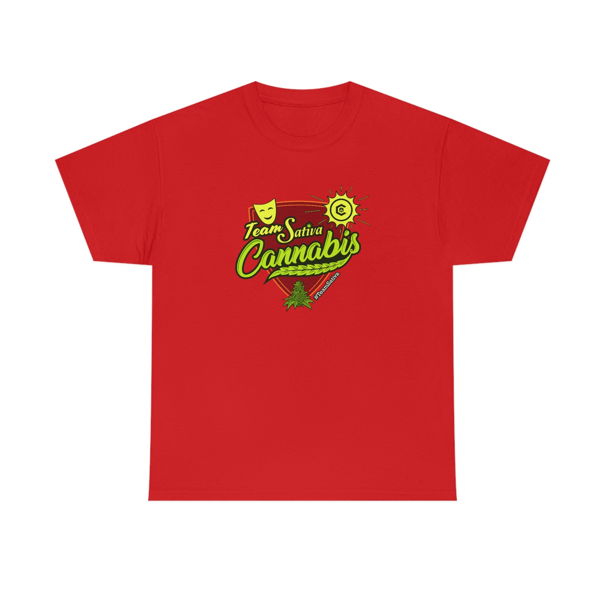 a red Team Cannabis Sativa Shirt with the word cannabis on it.
