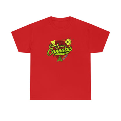 a red Team Cannabis Sativa Shirt with the word cannabis on it.