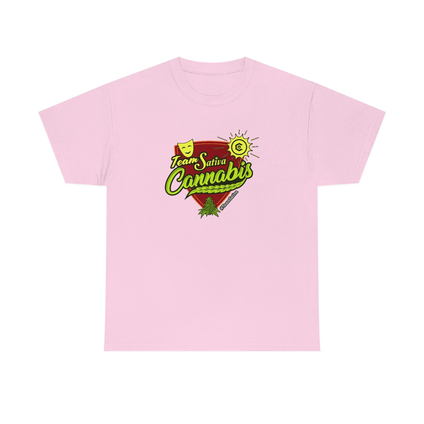 a pink Team Cannabis Sativa Shirt with the word 'cannabis' on it.