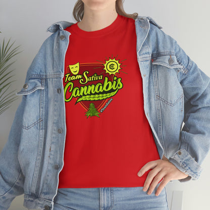 A woman wearing a red Team Cannabis Sativa Shirt that says "I love cannabis".