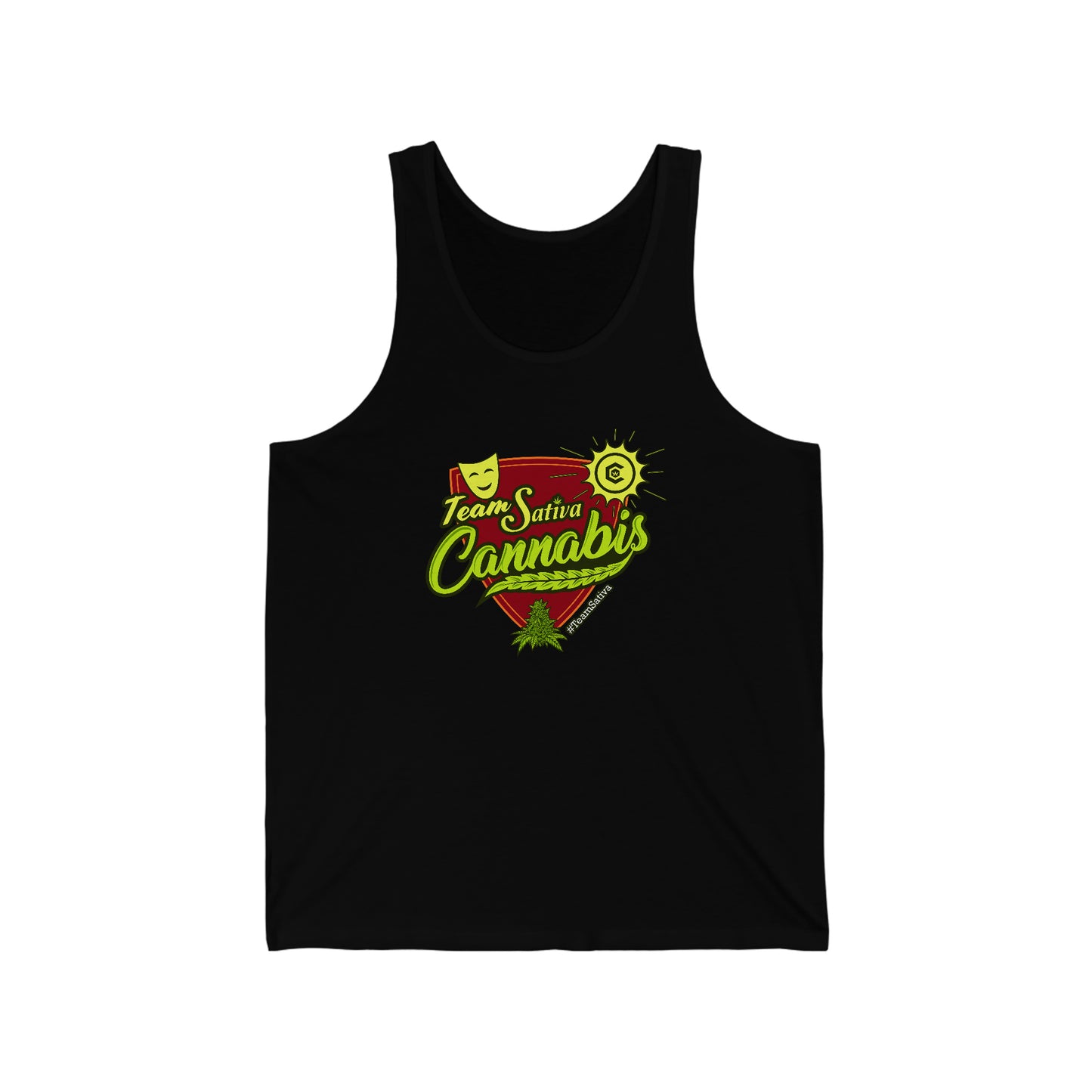 a Team Sativa Cannabis Jersey Tank tank top with a green and yellow logo on it.