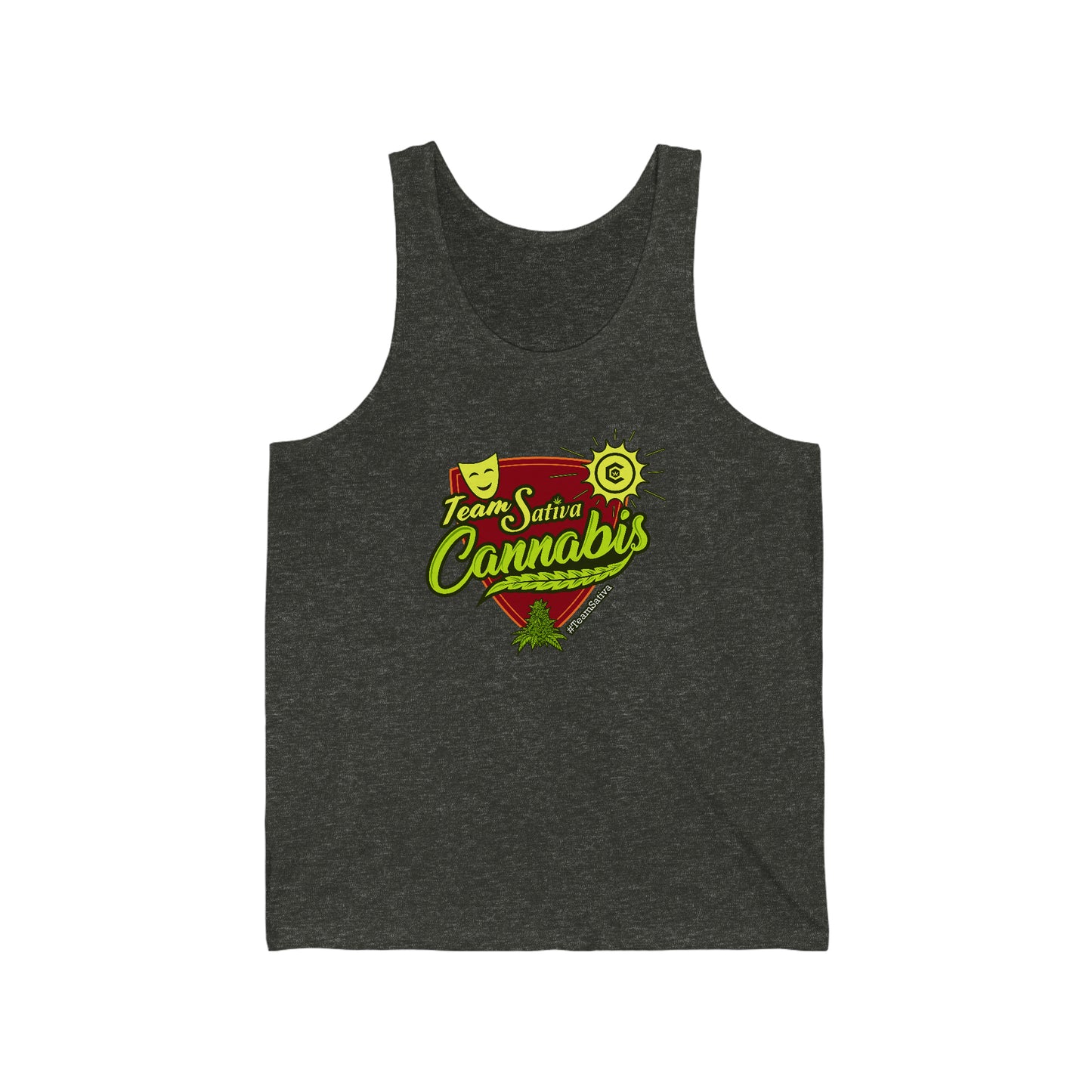A Team Sativa Cannabis Jersey Tank with the words i love cannabis on it.