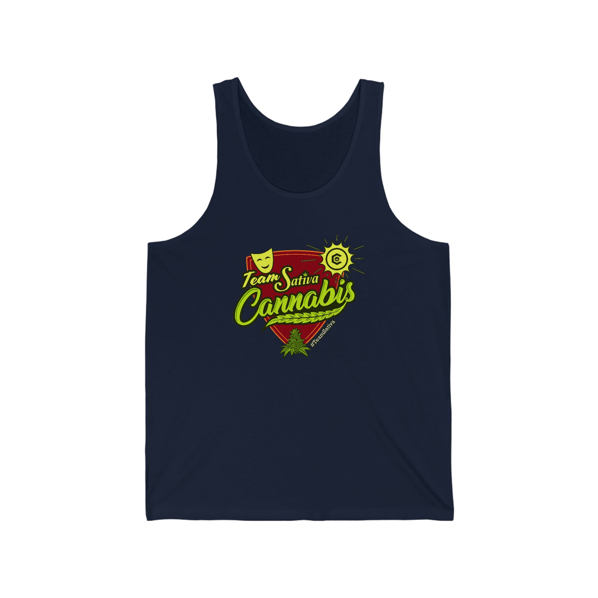 a men's Team Sativa Cannabis Jersey Tank with the words i love cannabis on it.