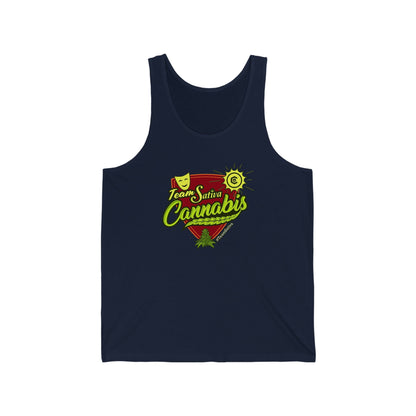 a men's Team Sativa Cannabis Jersey Tank with the words i love cannabis on it.