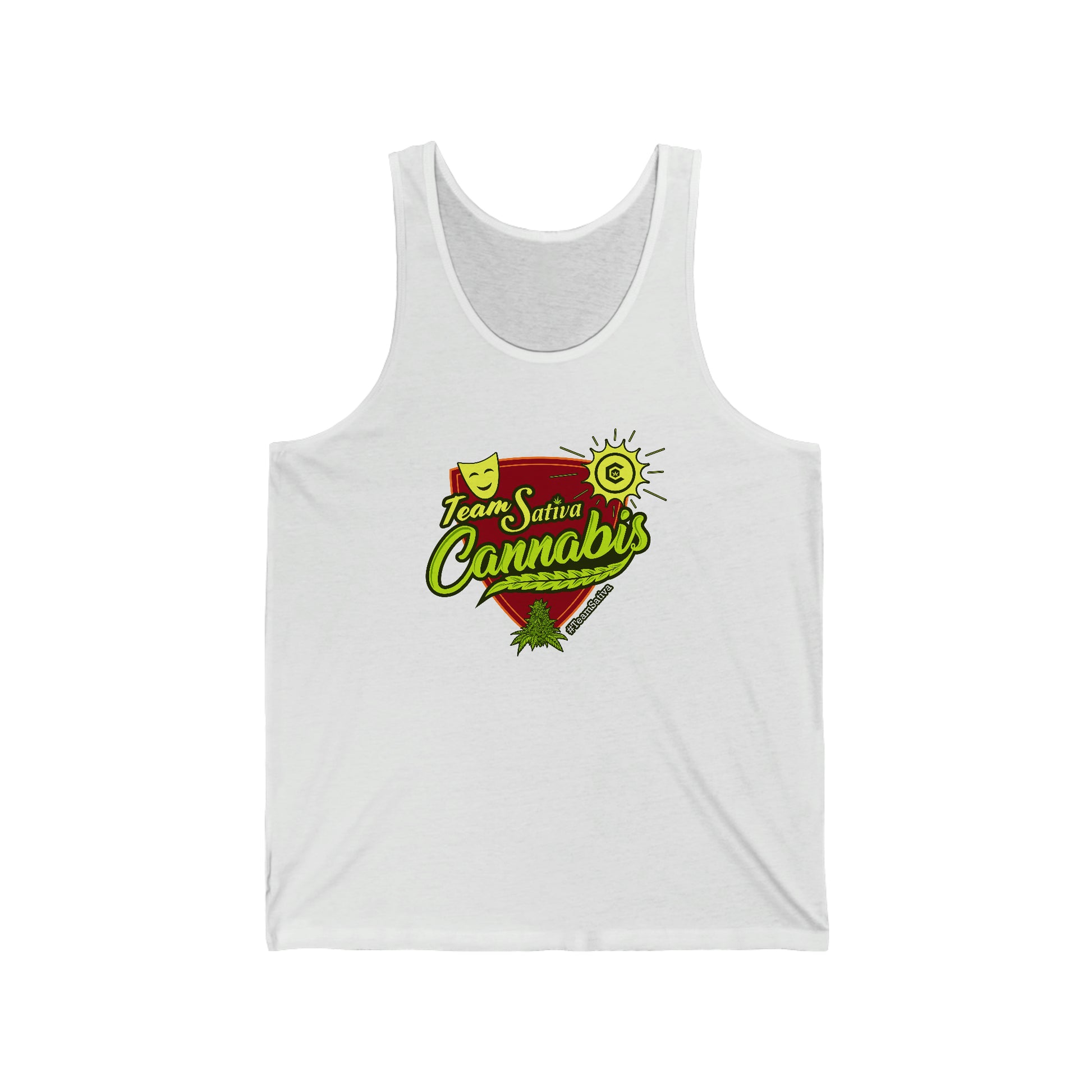a Team Sativa Cannabis Jersey Tank with a red and green logo on it.