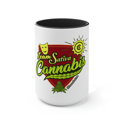 A Team Sativa Cannabis Coffee Mug with the words team sativi cannabis on it.