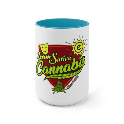 A Team Sativa Cannabis Coffee Mug with the words team sativa cannabis on it.