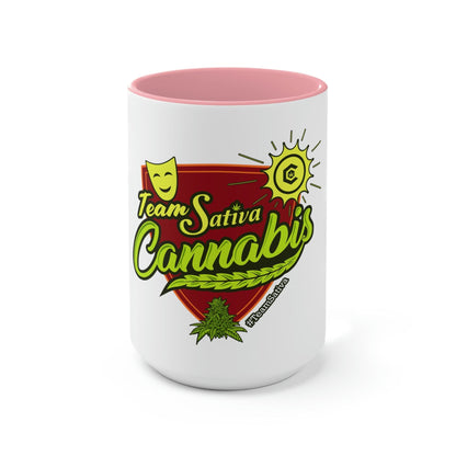 A Team Sativa Cannabis Coffee Mug with the words team sativa cannabis on it.