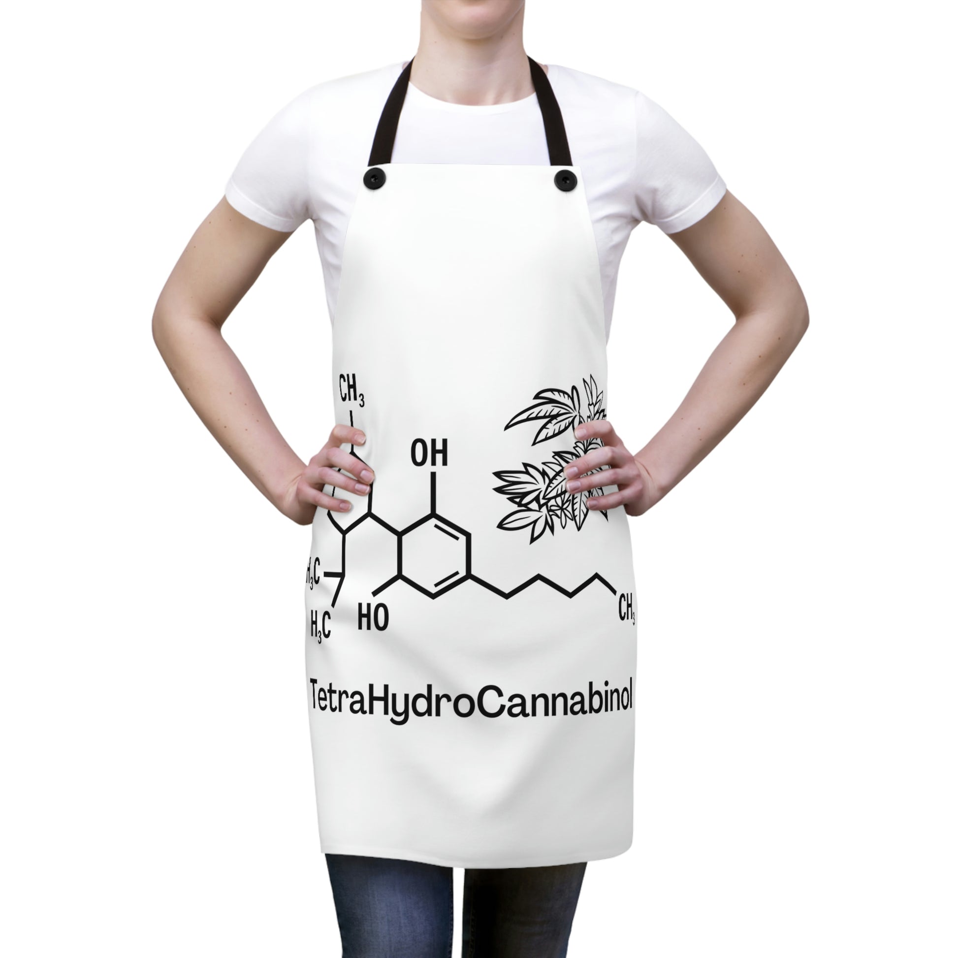 A woman wears the Tetrahydrocannabinol Chef's Apron with weed leaves and picture of chemical compound make up