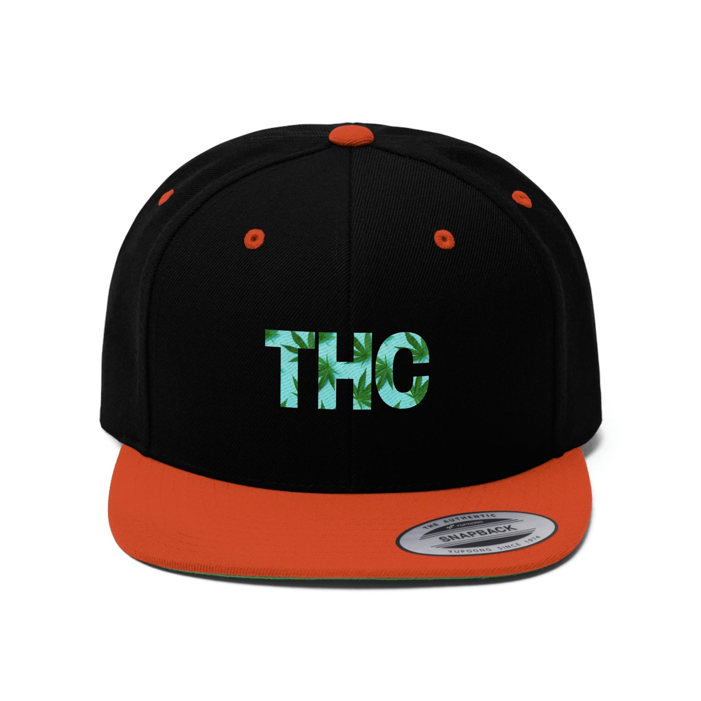 Close up of orange and black THC Snapback Hat with cannabis leaves within the letters THC