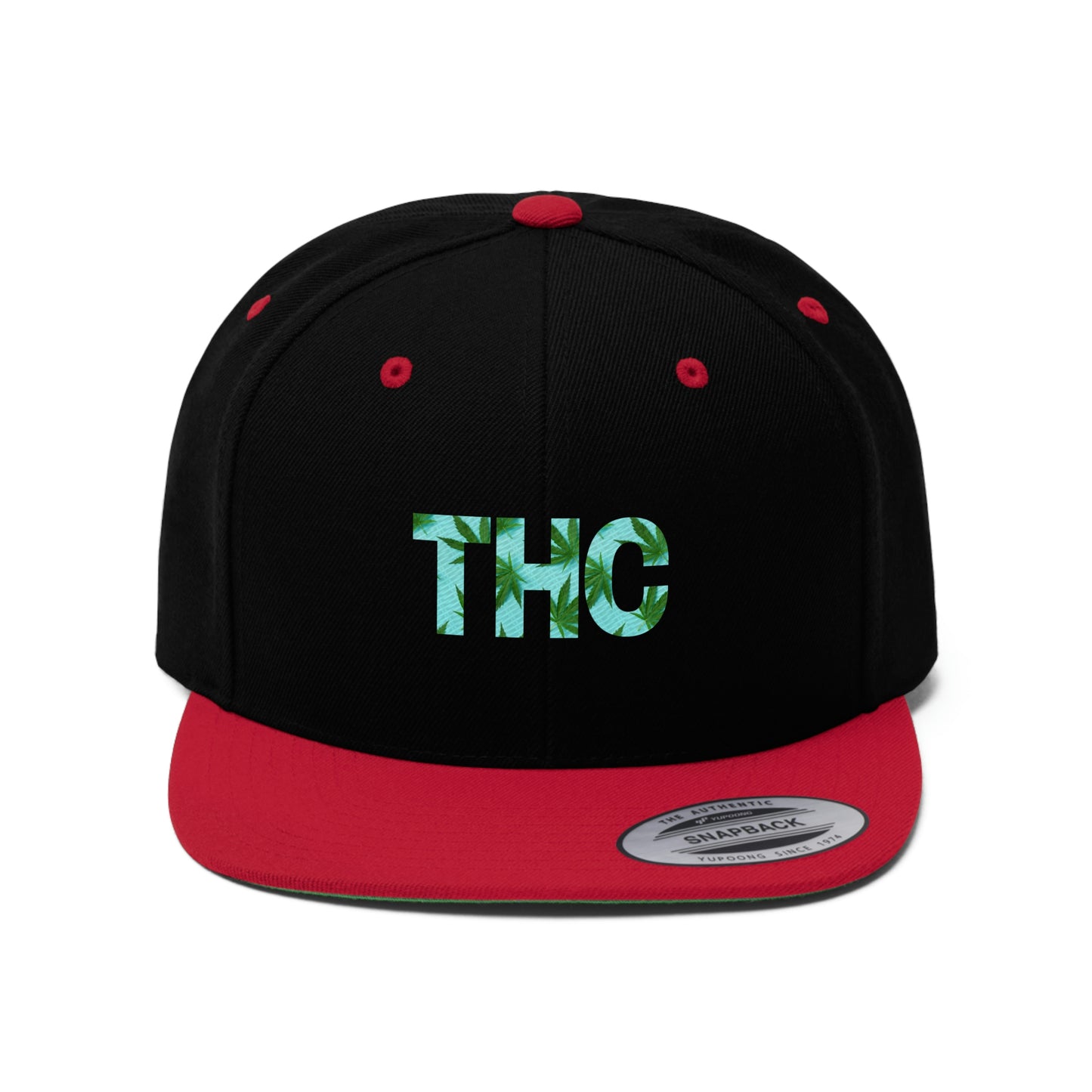 Red and black THC Snapback Hat with cannabis leaves over a mint green background