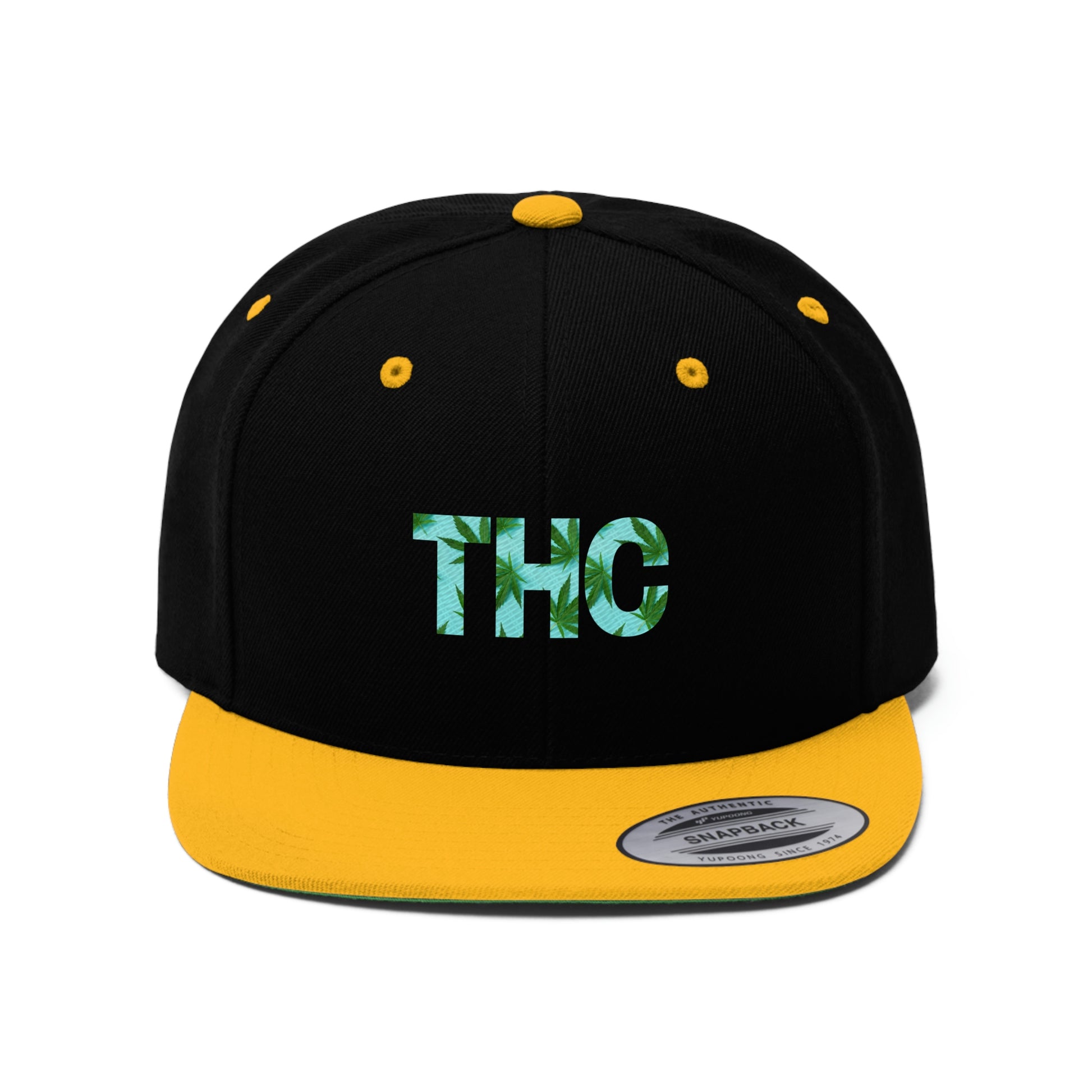 Close up of gold and black THC Snapback Hat with cannabis leaves within the letters THC