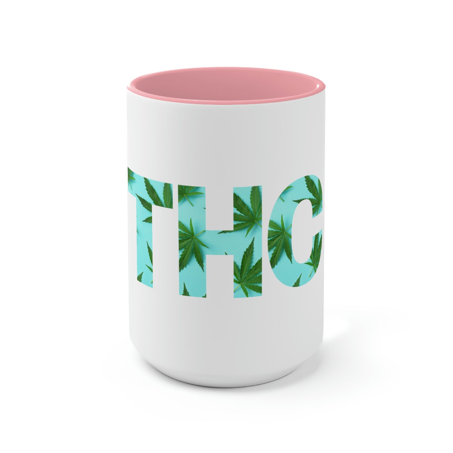 a white and pink Turquoise THC Tea Mug with the word thc on it.