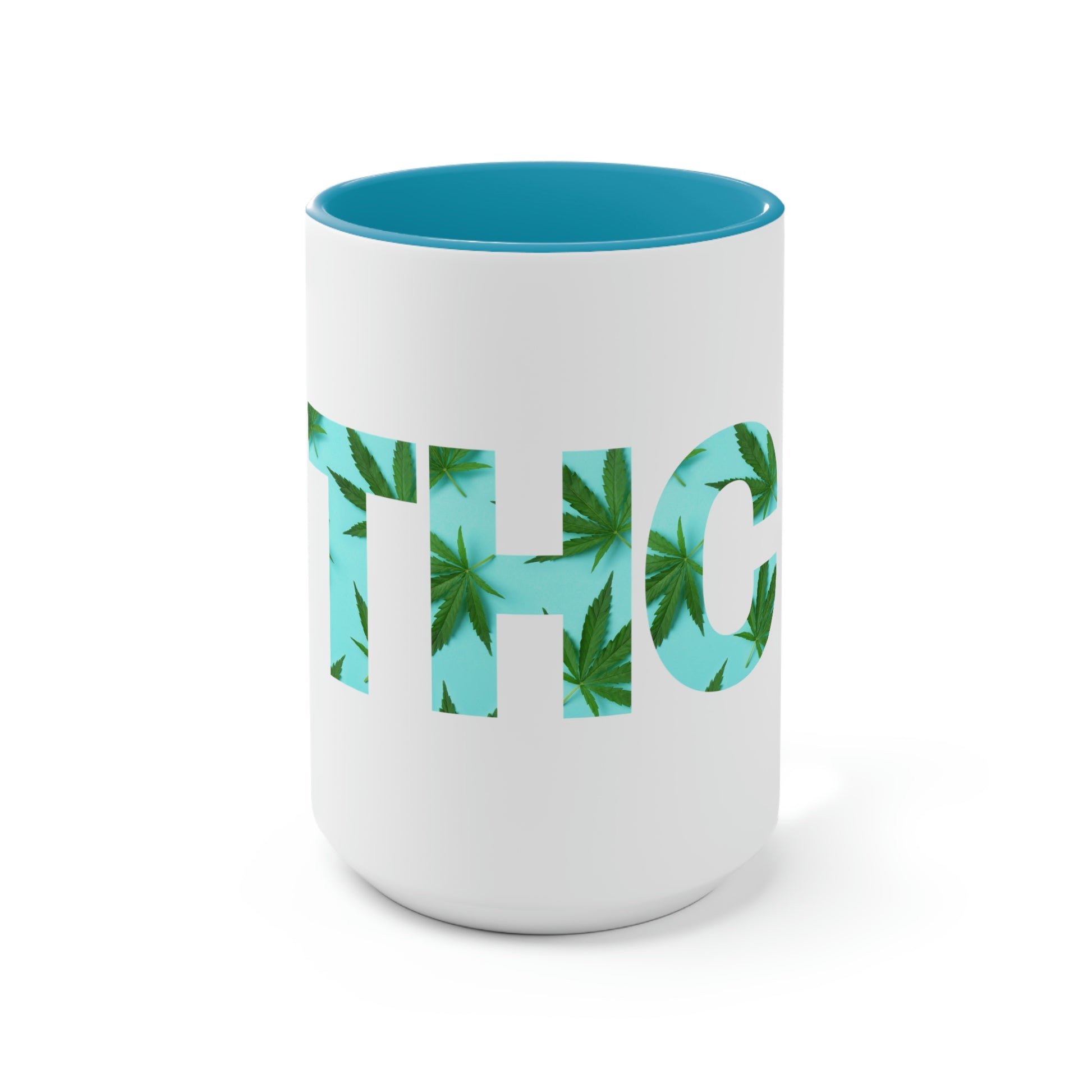 a Turquoise THC coffee Mug with the word thc on it.
