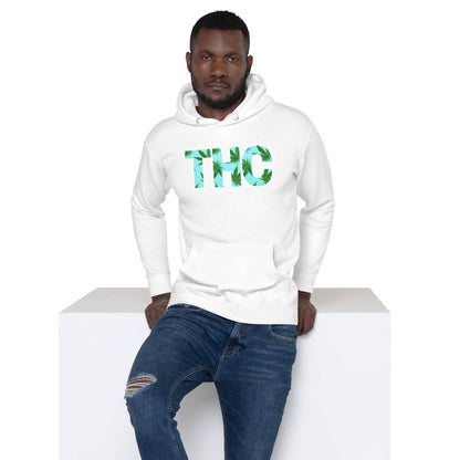 a man wearing a men's THC medium white weed hoodie