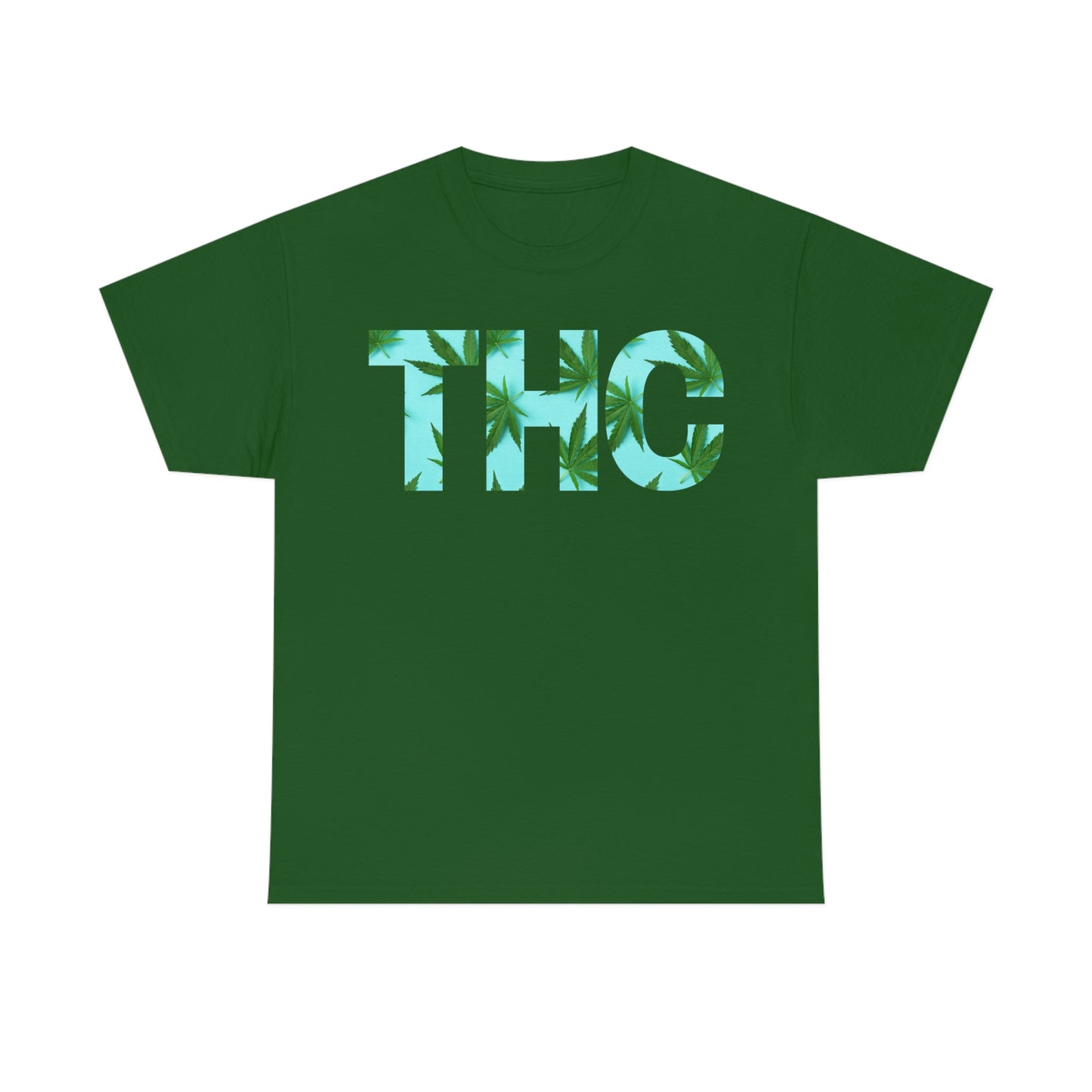 a turquoise THC tee with the word thc on it.