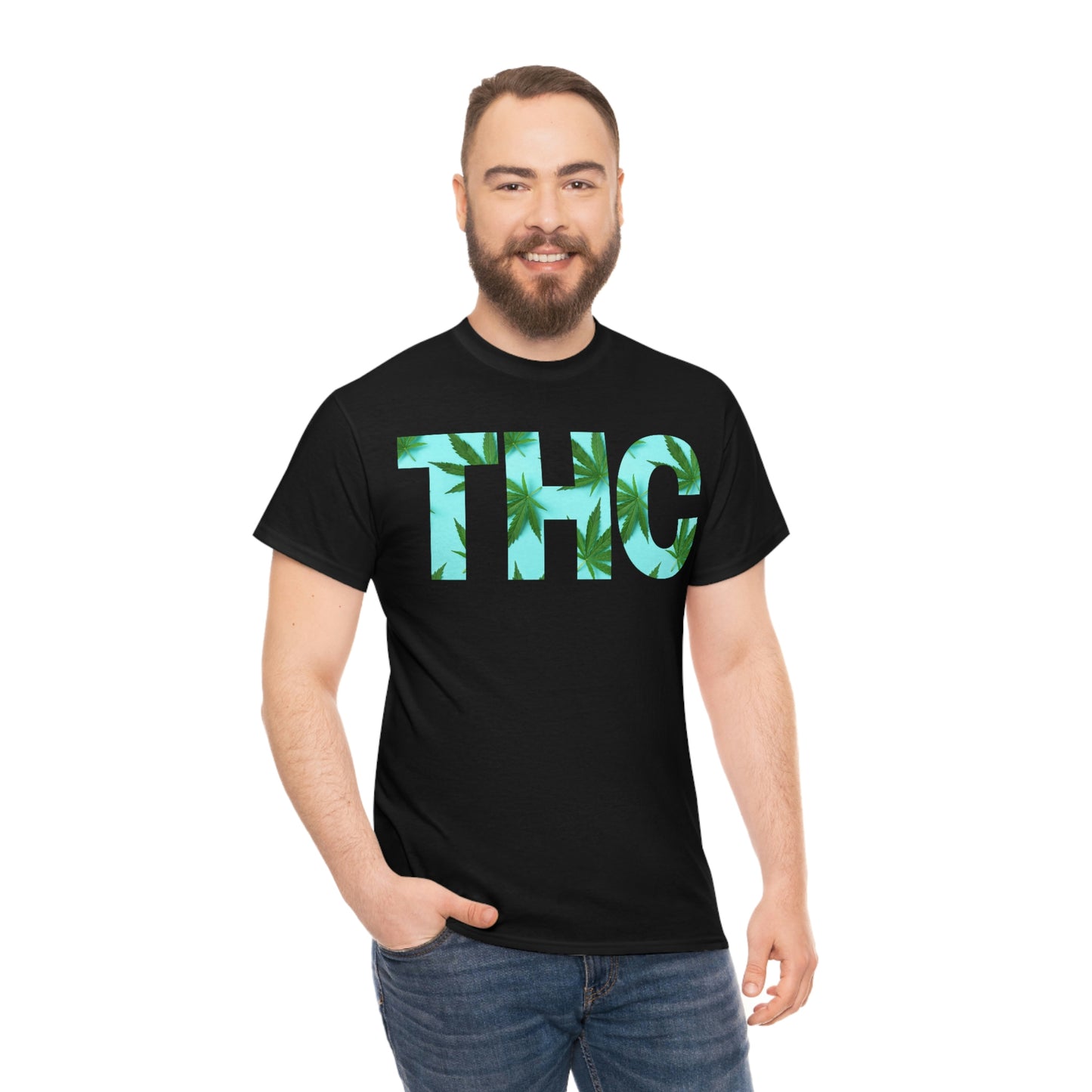 A man wearing a black t-shirt with the words Turquoise THC Tee on it.
