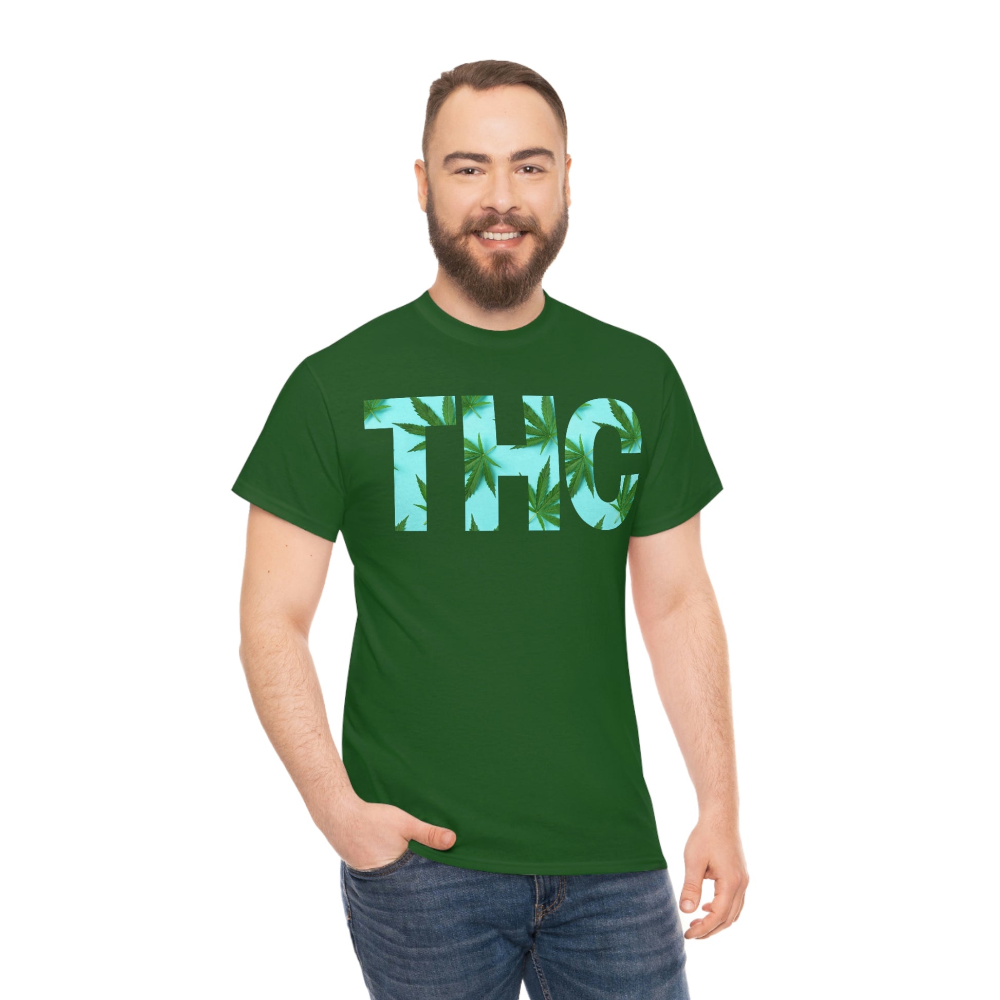 A man wearing a Turquoise THC Tee.