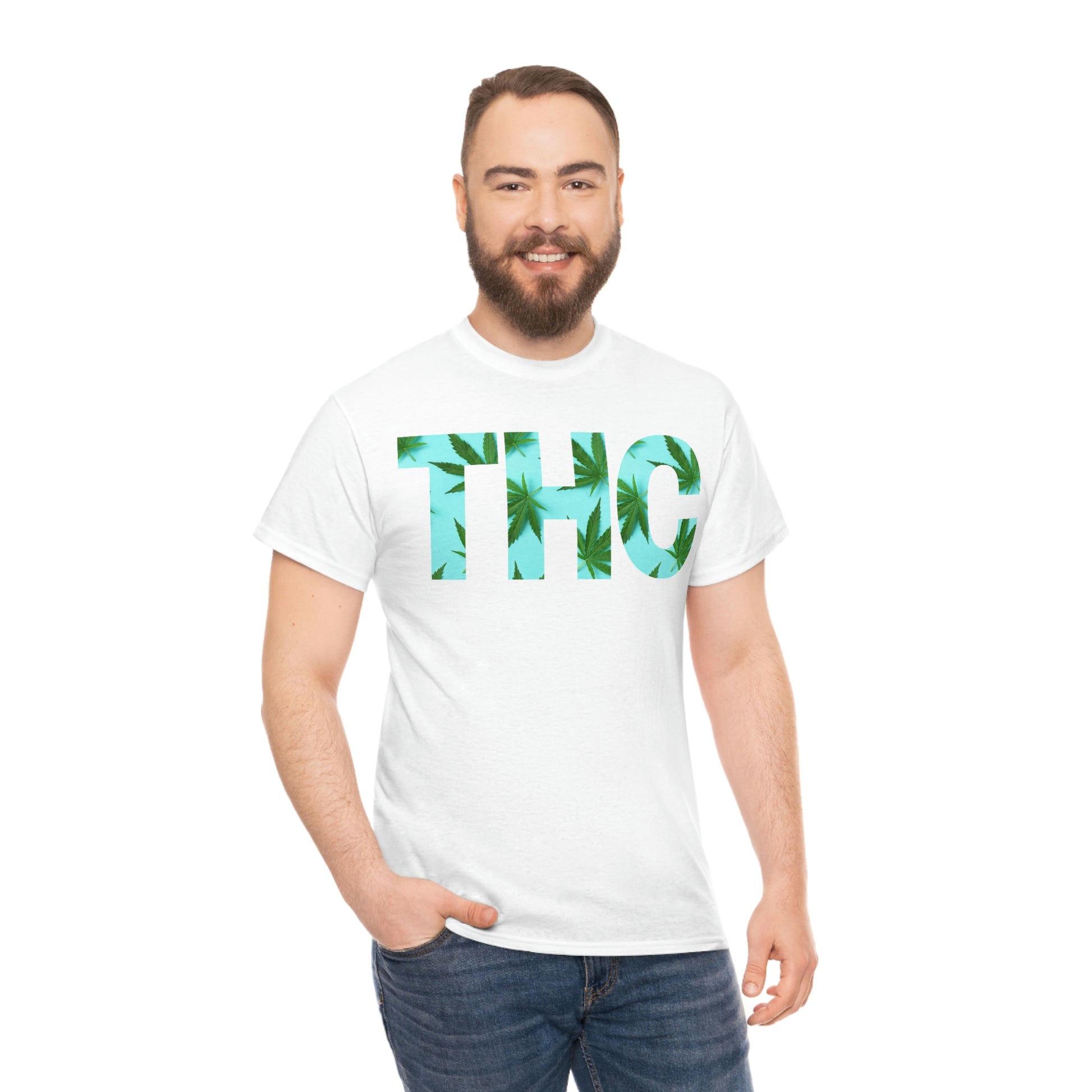 a man wearing a white Turquoise THC Tee with the word thc on it.