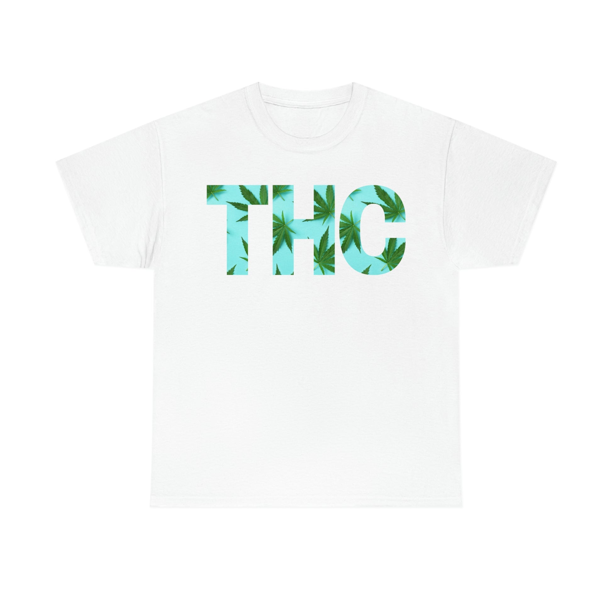 a white Turquoise THC Tee with the word thc on it.