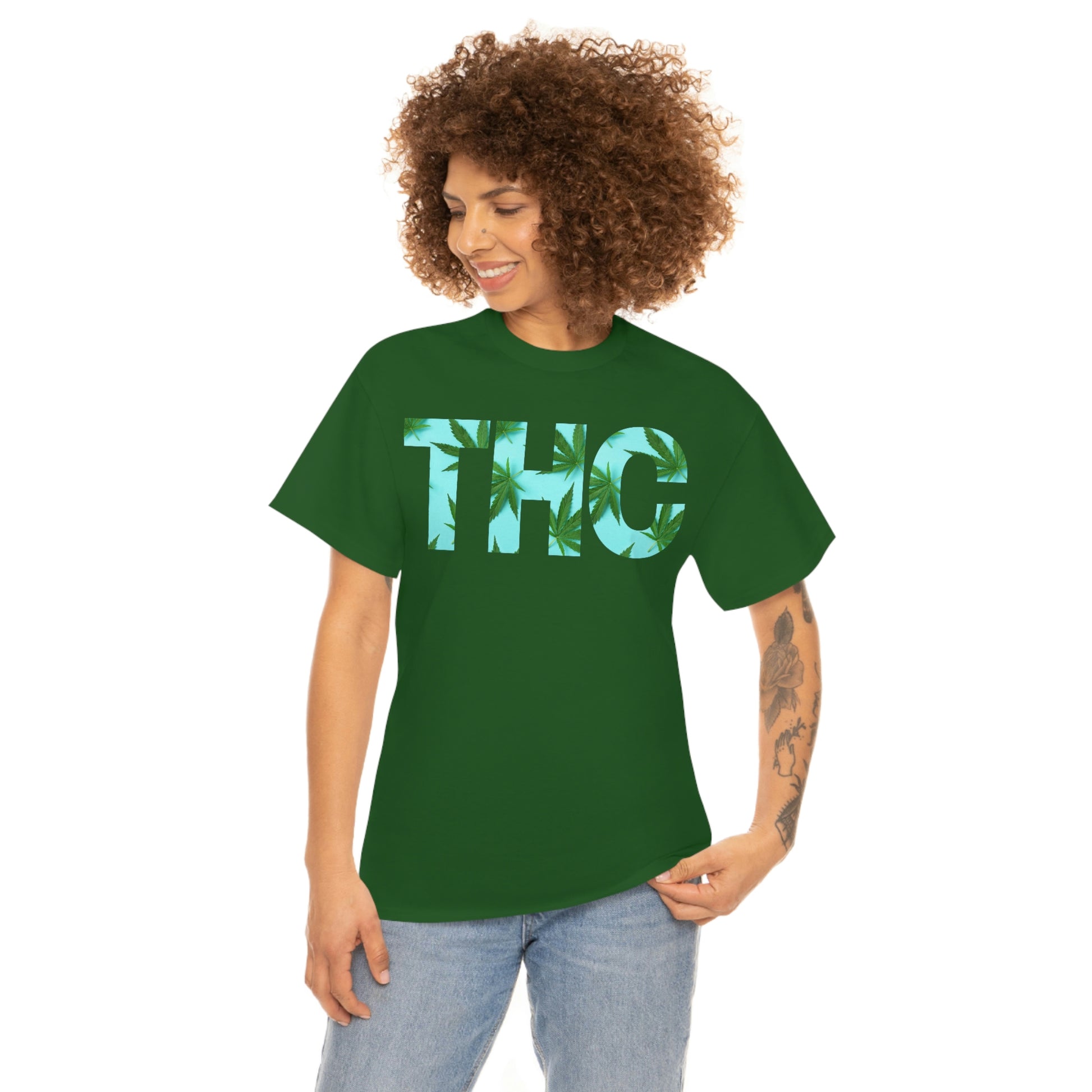 a woman wearing a Turquoise THC Tee with the word thc on it.
