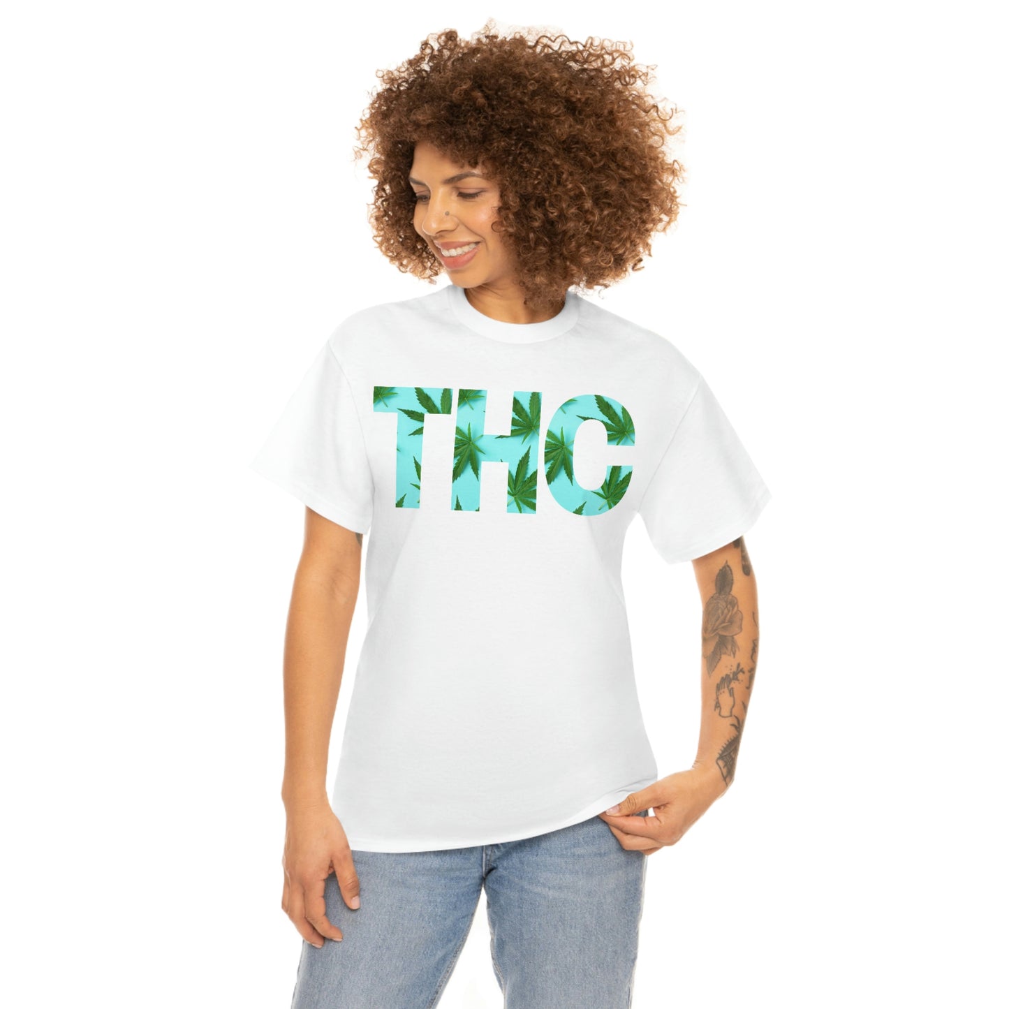 a woman wearing a turquoise THC tee with the word thc on it.
