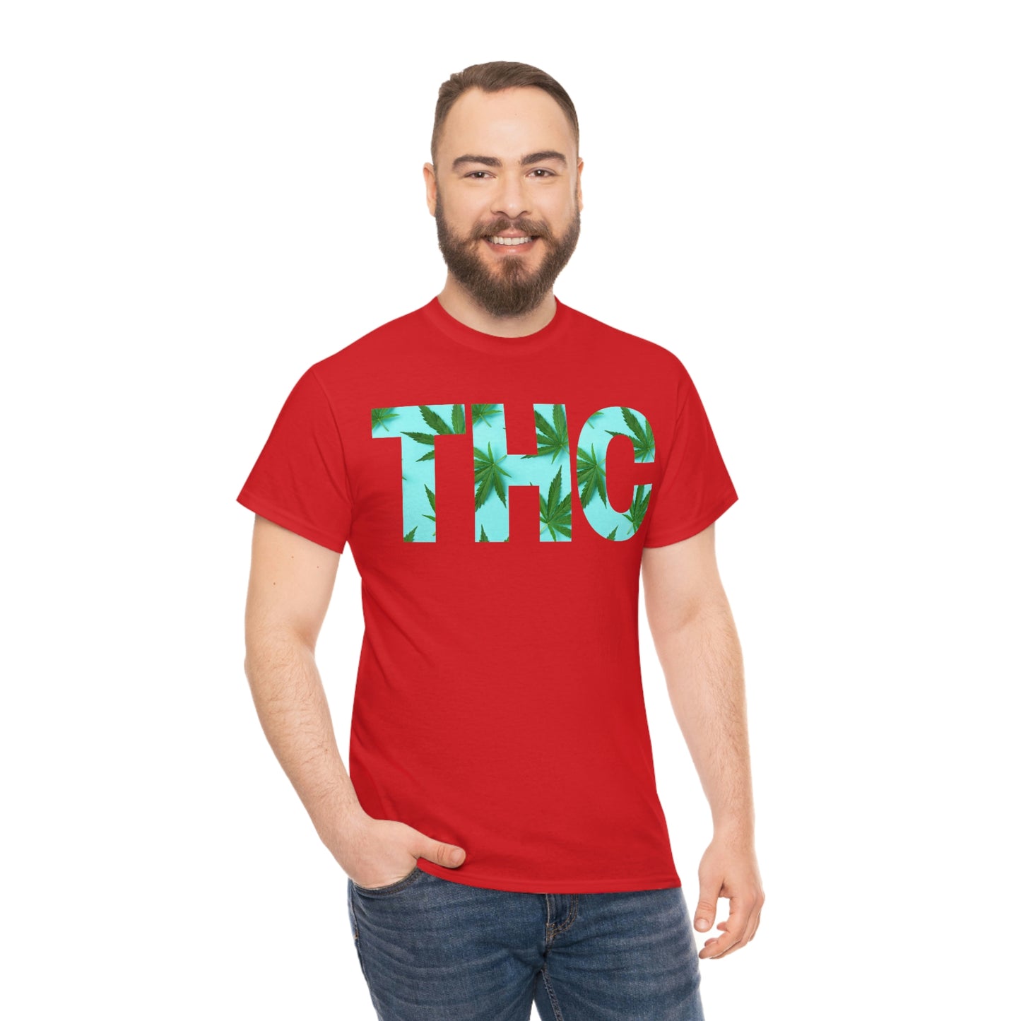 a man wearing a red t - shirt with the word Turquoise THC Tee on it.