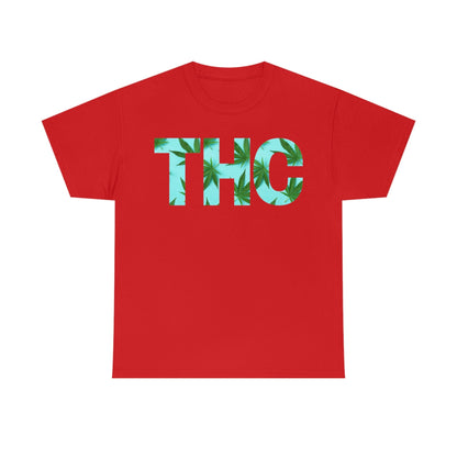 a turquoise THC tee with the word thc on it.