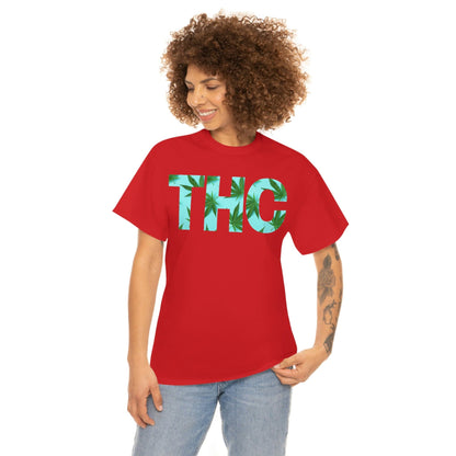 a woman wearing a red Turquoise THC Tee with the word thc on it.