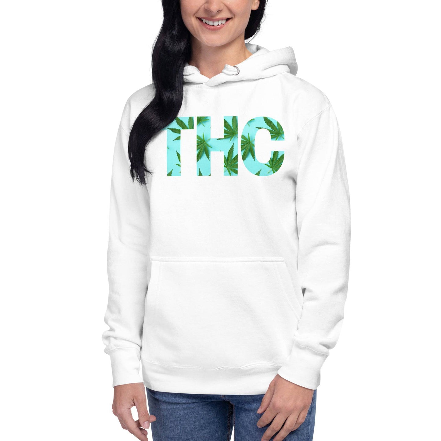 a woman wearing a white, THC weed hoodie