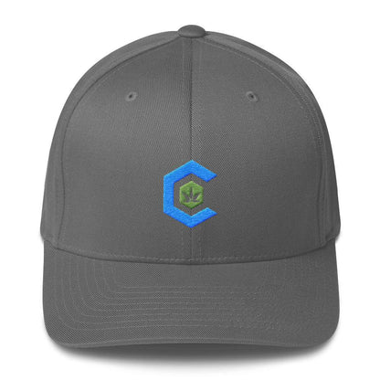 A gray snapback hat that shows the cannabis community logo on the front.