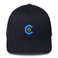 A dark navy blue snapback hat that shows the cannabis community logo on the front.