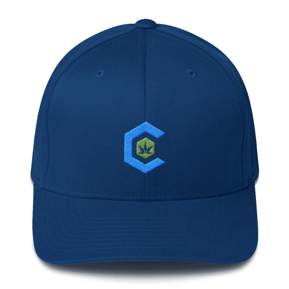 A royal blue snapback hat that shows the cannabis community logo on the front.