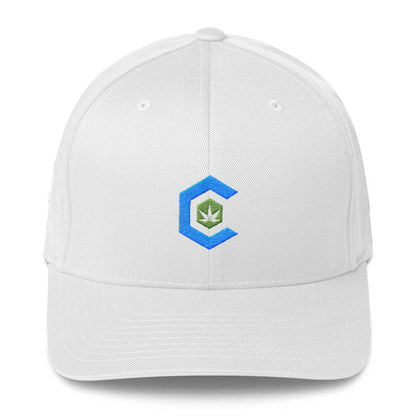 A white snapback hat that shows the cannabis community logo on the front.