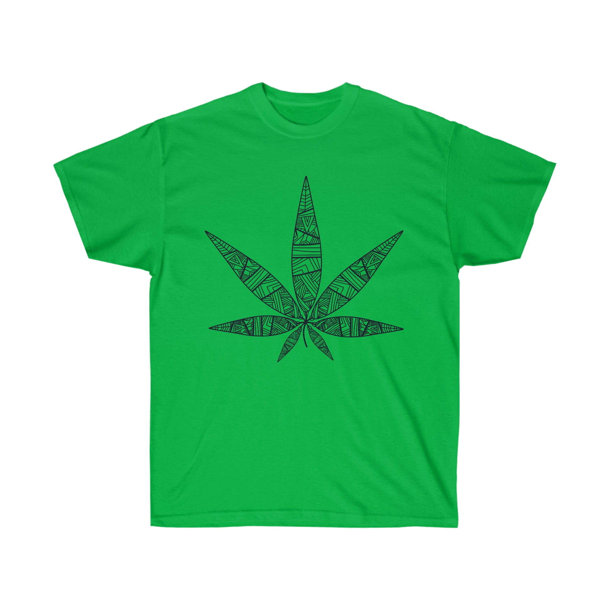 a green Tribal Marijuana Leaf Tee.